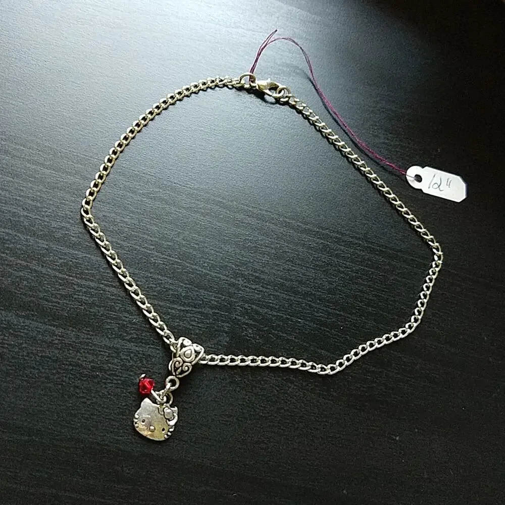 Anklet, Hello Kitty Silver tube bail red bead 12